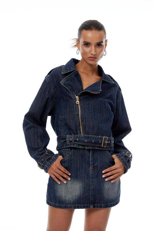 Solène Blue Denim Biker Jacket & Skirt Set