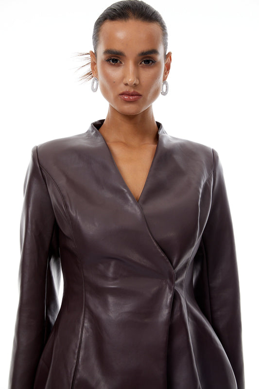 Solange Brown Leather Mini Blazer Dress