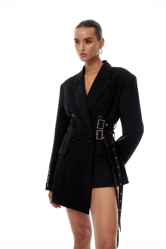 Orsolya Black Belted Asymmetrical Blazer