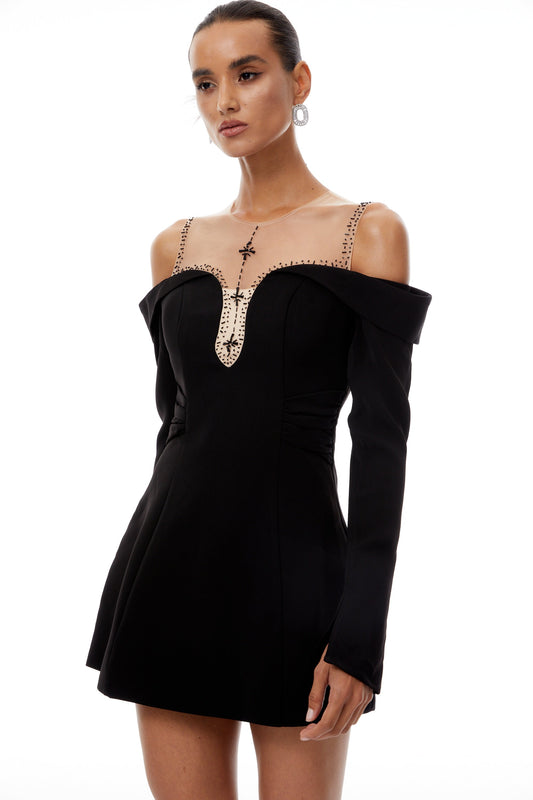 Abrielle Black Cold Shoulder A-line Mini Dress