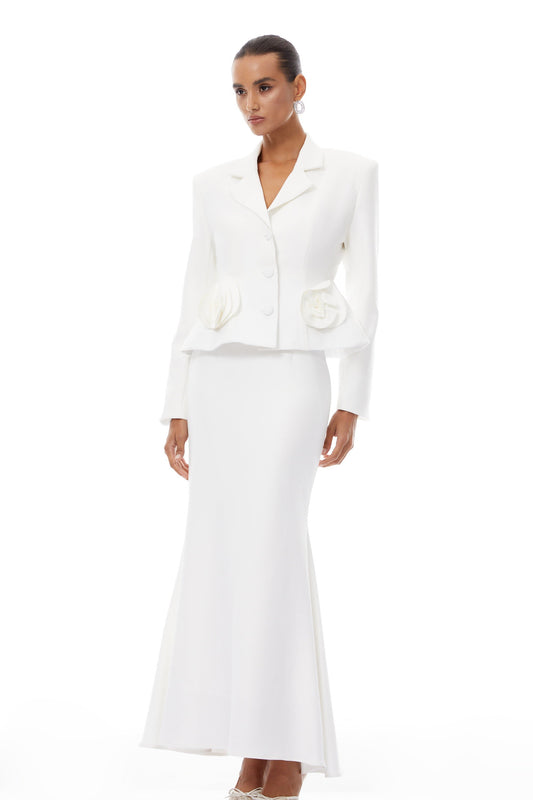 Odette White 3D Petal Blazer & Skirt Set