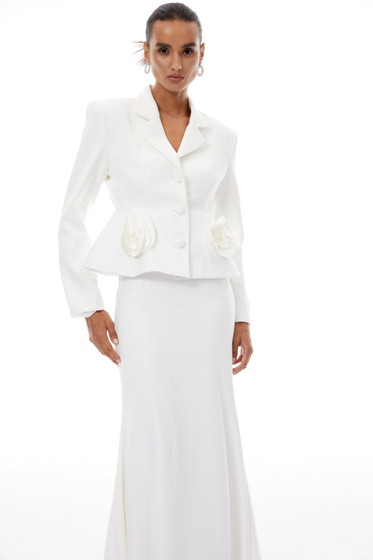 Odette White 3D Petal Blazer & Skirt Set