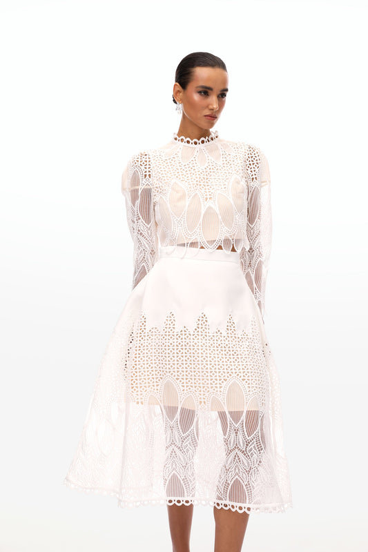 Anett White Corded Lace Blouse & Skirt Set