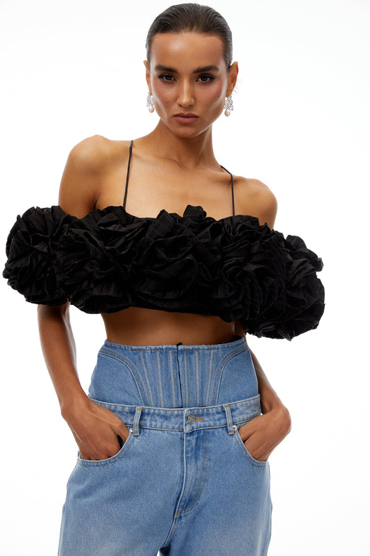 Cerasela Black Floral Appliqué Cropped Top