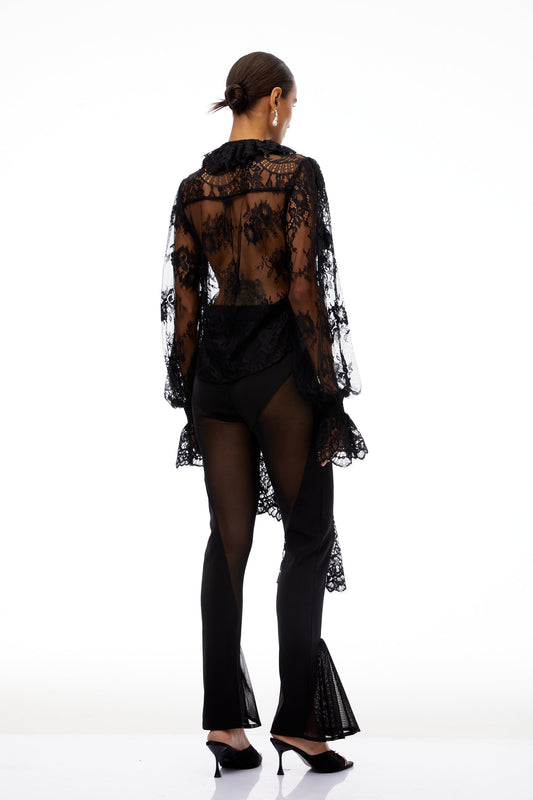Quintine Black Ribbon Tie-Neck Floral Lace Blouse