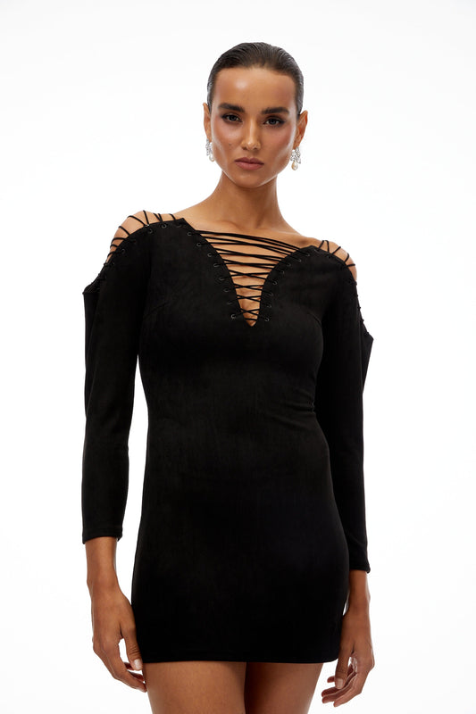 Quitterie Black Lace-Up Suede Mini Dress