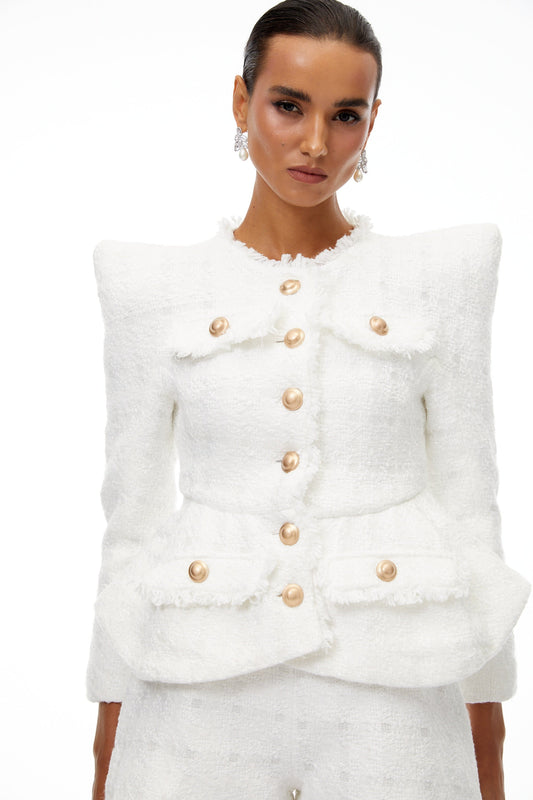 Séraphine White Frayed Tweed Jacket & Shorts Set