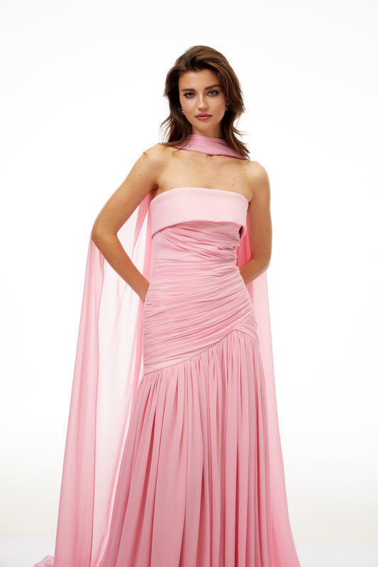Laetitia Pink Pleated Train Ruched Maxi Dress