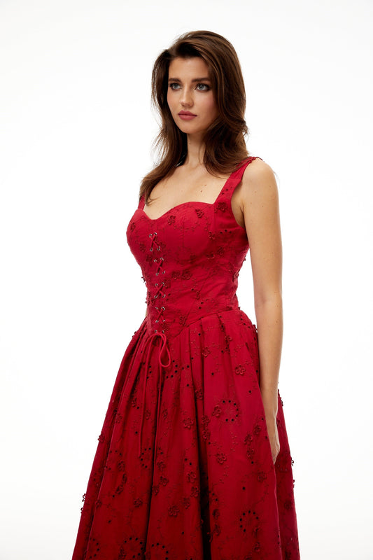 Panna Red Floral Embroidered Corset Midi Dress
