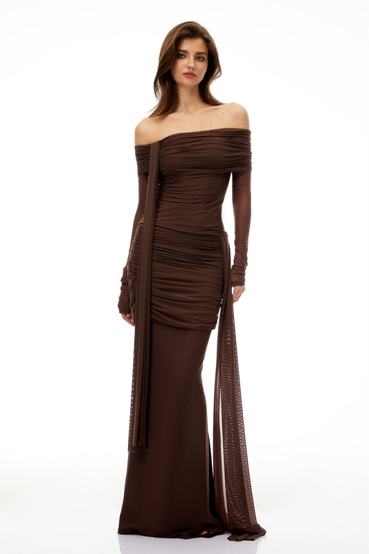 Hyacinthe Brown Asymmetrical Ruched Top & Skirt Set