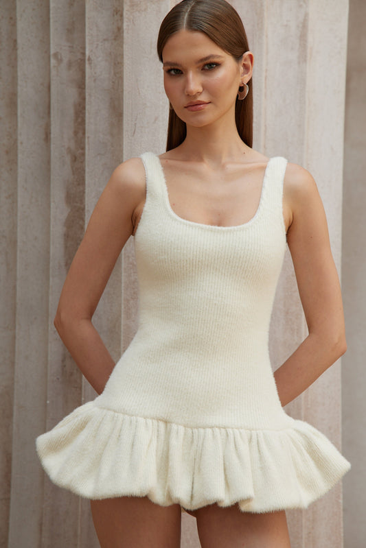 Laetitia White Furry Ribbed Knit Mini Dress