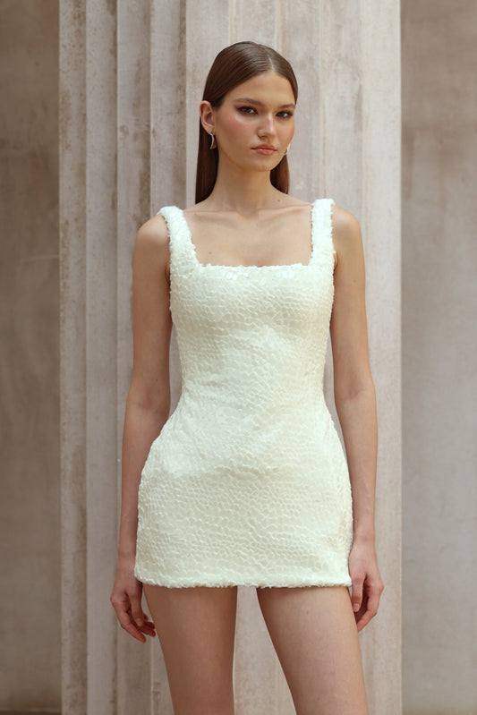 Angèle White Furry Snake Mini Bodycon Dress