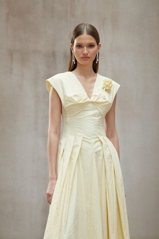Amelie Yellow Petal Brooch Midi Dress