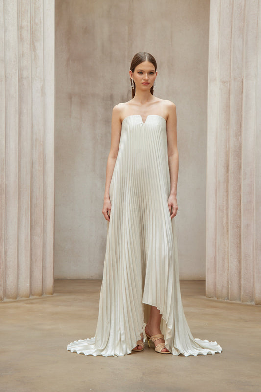 Shimmering Satiné Gold Fully-Pleated Maxi Dress | Off-Shoulder V-Neck Elegance