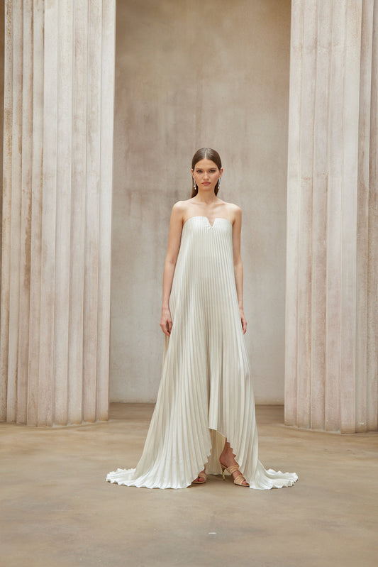 Shimmering Satiné Gold Fully-Pleated Maxi Dress | Off-Shoulder V-Neck Elegance