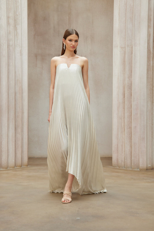 Shimmering Satiné Gold Fully-Pleated Maxi Dress | Off-Shoulder V-Neck Elegance