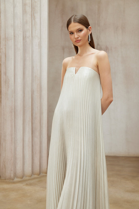 Shimmering Satiné Gold Fully-Pleated Maxi Dress | Off-Shoulder V-Neck Elegance