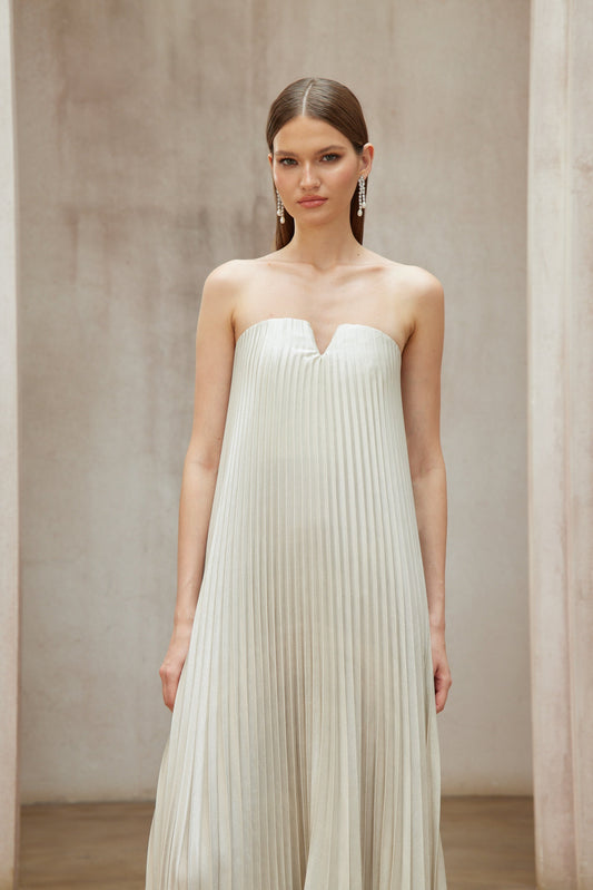 Shimmering Satiné Gold Fully-Pleated Maxi Dress | Off-Shoulder V-Neck Elegance