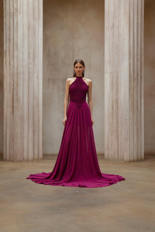Elegant Kerstin Purple Ruched Halter Maxi Dress with Flowing Train Design