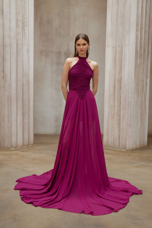Elegant Kerstin Purple Ruched Halter Maxi Dress with Flowing Train Design