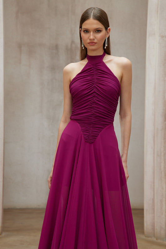 Elegant Kerstin Purple Ruched Halter Maxi Dress with Flowing Train Design