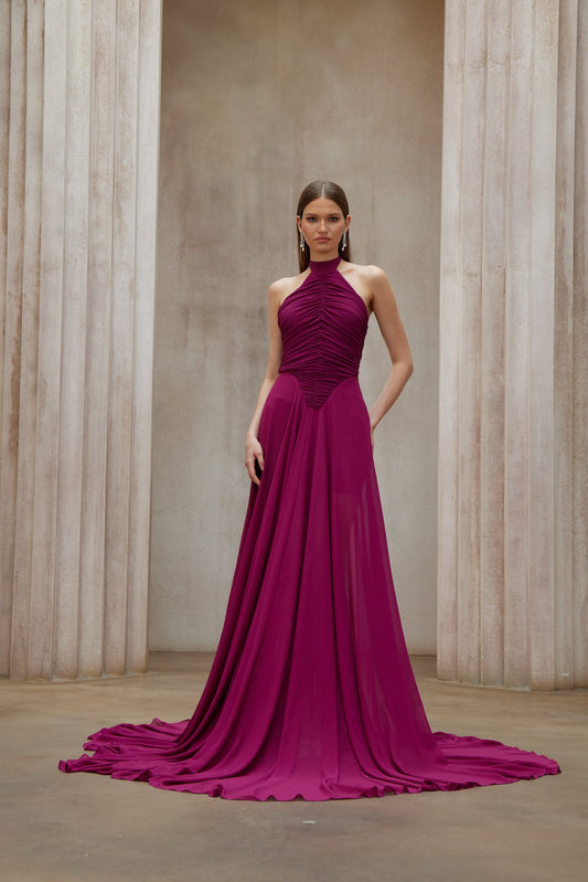 Elegant Kerstin Purple Ruched Halter Maxi Dress with Flowing Train Design