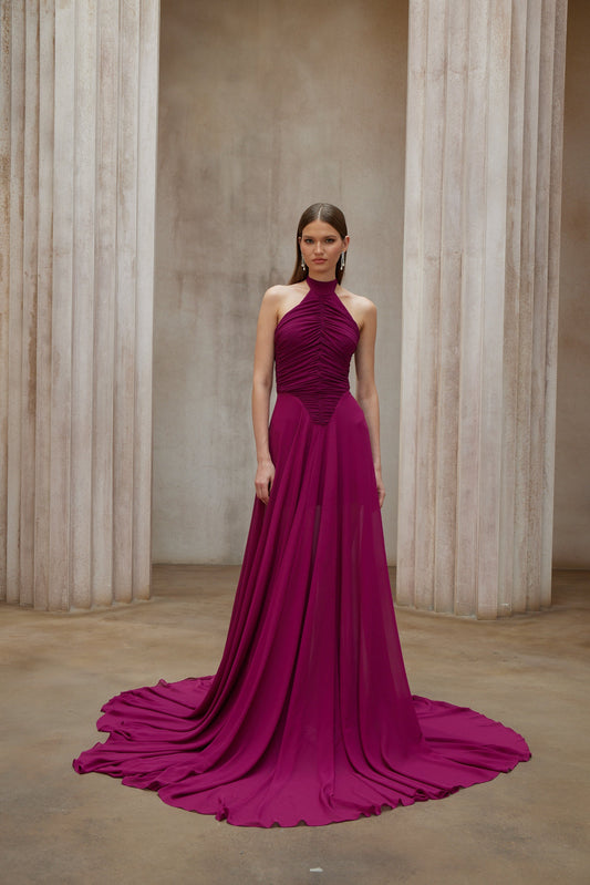 Elegant Kerstin Purple Ruched Halter Maxi Dress with Flowing Train Design