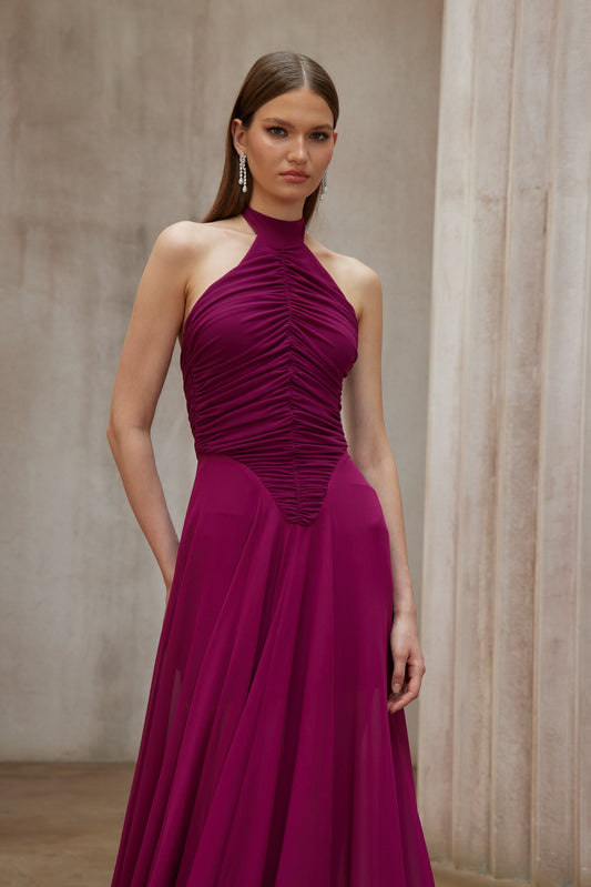 Elegant Kerstin Purple Ruched Halter Maxi Dress with Flowing Train Design