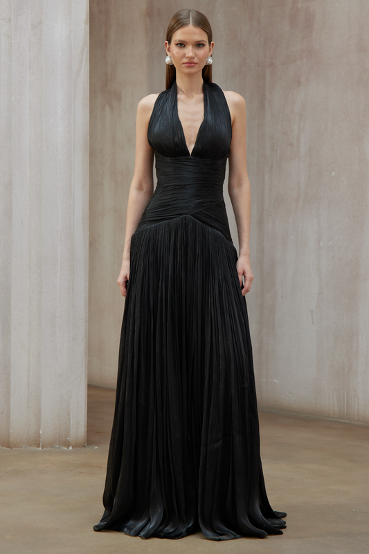 Elegant Uranie Black Halterneck Gathered Maxi Dress with Pleated Train Design