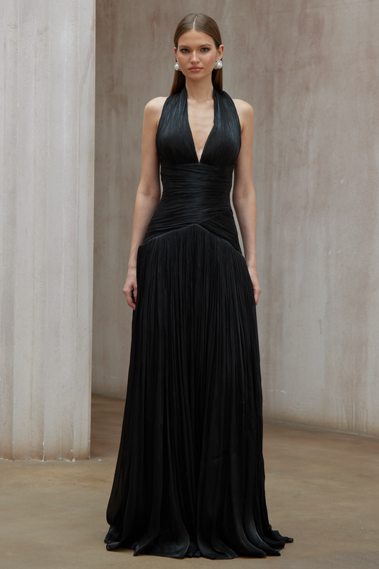 Elegant Uranie Black Halterneck Gathered Maxi Dress with Pleated Train Design
