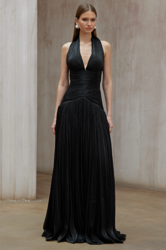 Elegant Uranie Black Halterneck Gathered Maxi Dress with Pleated Train Design