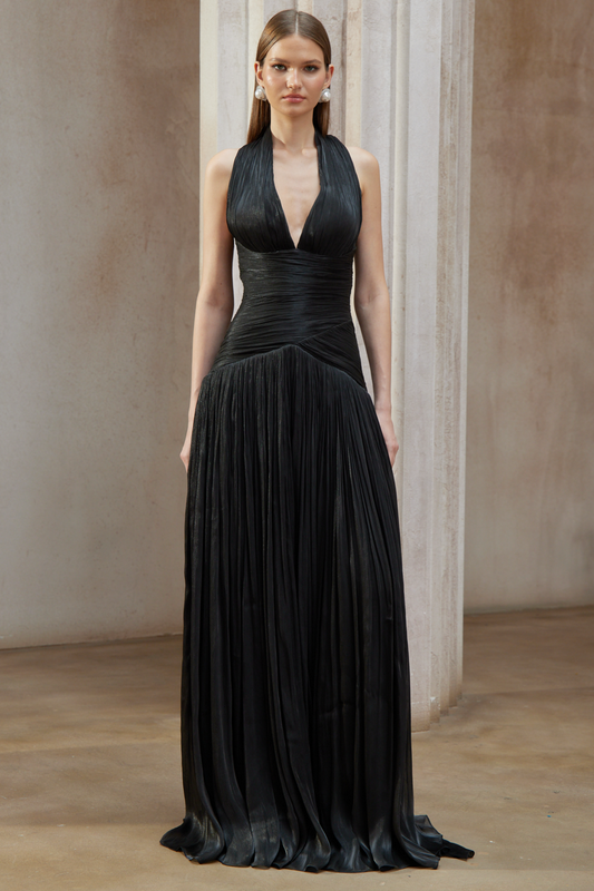 Elegant Uranie Black Halterneck Gathered Maxi Dress with Pleated Train Design