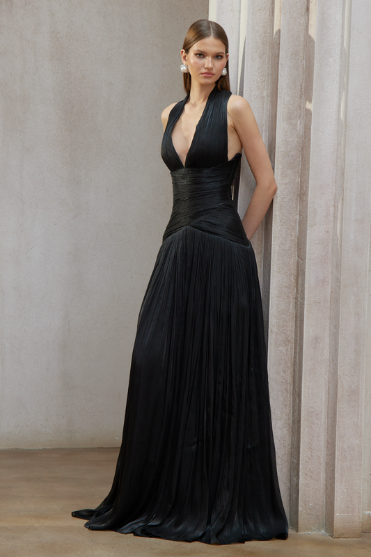 Elegant Uranie Black Halterneck Gathered Maxi Dress with Pleated Train Design