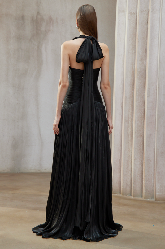 Elegant Uranie Black Halterneck Gathered Maxi Dress with Pleated Train Design