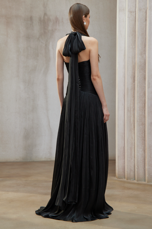 Elegant Uranie Black Halterneck Gathered Maxi Dress with Pleated Train Design