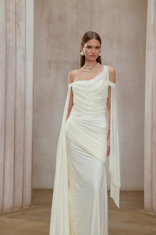 Aurianne White Asymmetrical Draped Maxi Dress