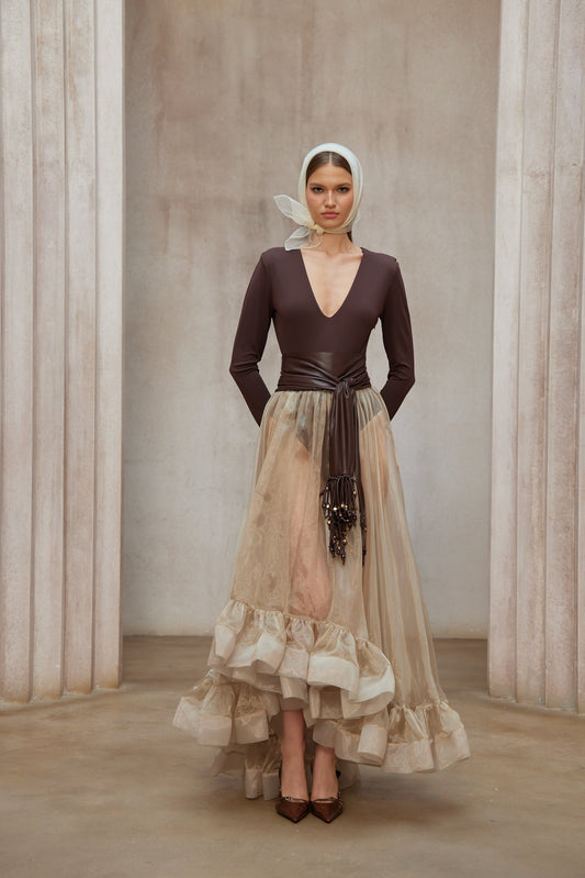 Paula Brown Belted Bodysuit & Organza Skirt Set
