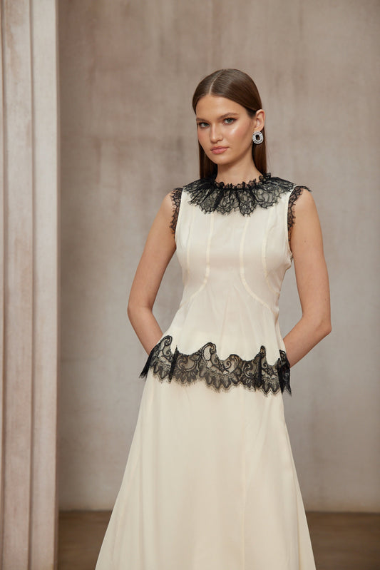 Zsófia Neutral Lace Panel Chiffon Top & Skirt Matching Set