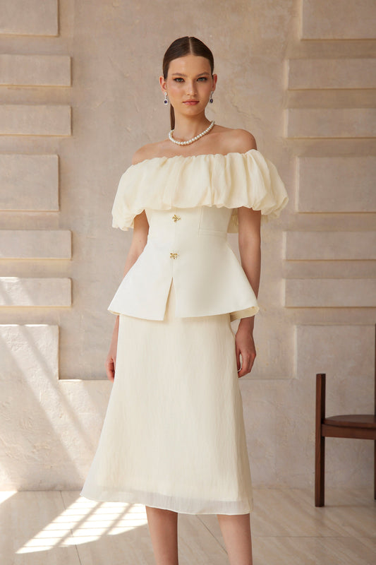 Dianthe White Off Shoulder Shirred Top & Skirt Set