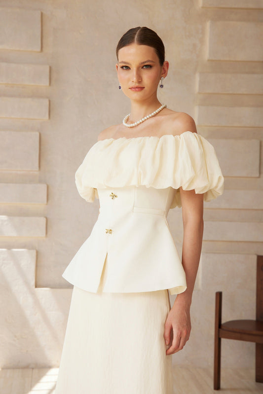 Dianthe White Off Shoulder Shirred Top & Skirt Set