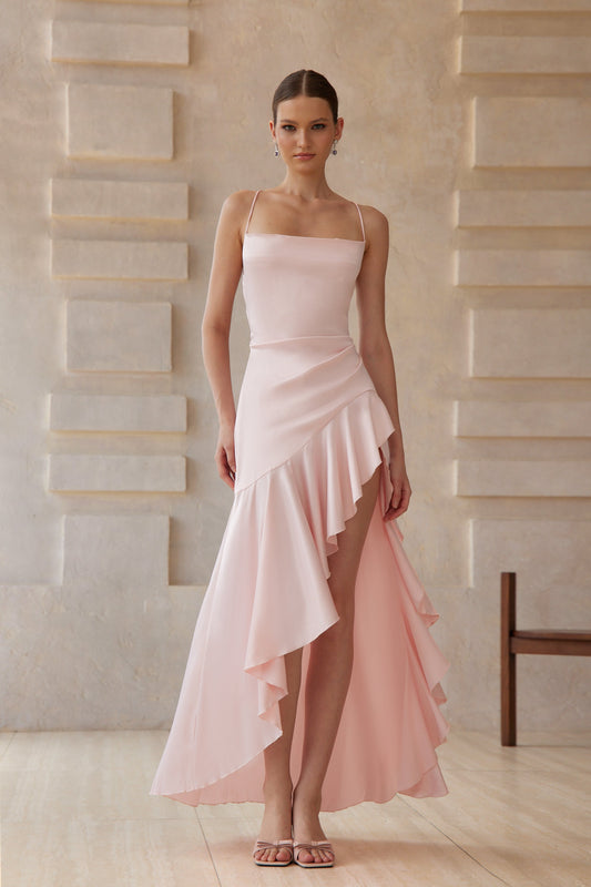 Léna Pink Asymmetrical Satin Midi Dress