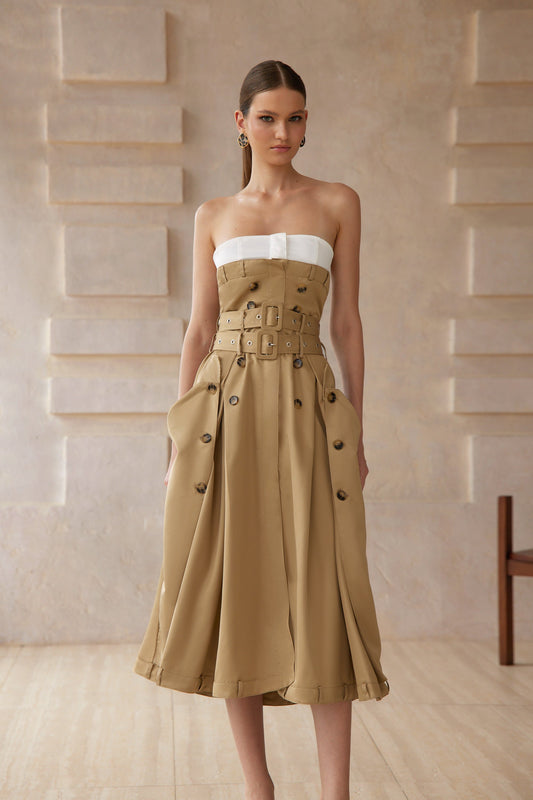 Alba Khaki Trench Style Midi Dress