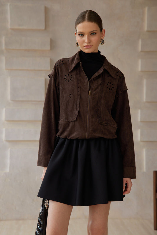 Élodie Brown Cut Out Floral Suede Jacket