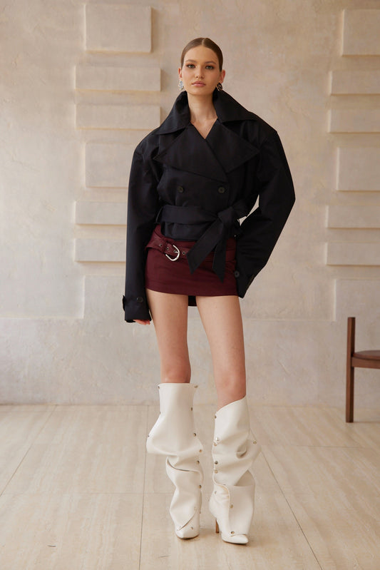 Avril Black Double-Breasted Short Trench Coat