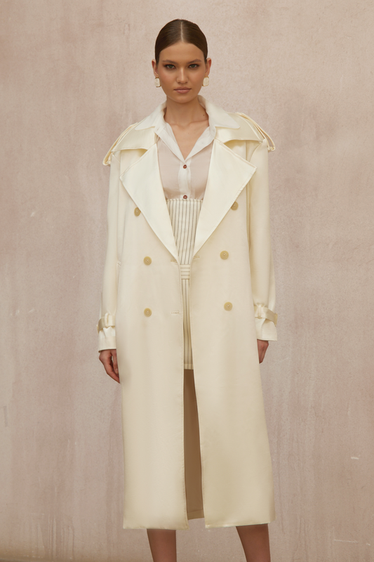 Amélie Cream White Satin Long Trench Coat