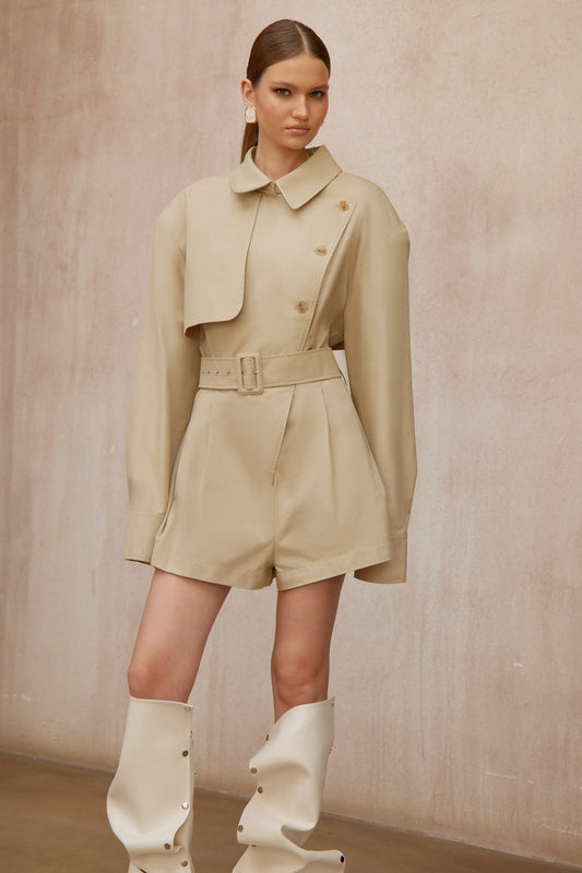 Priscille Khaki Asymmetrical Trench Style Playsuit