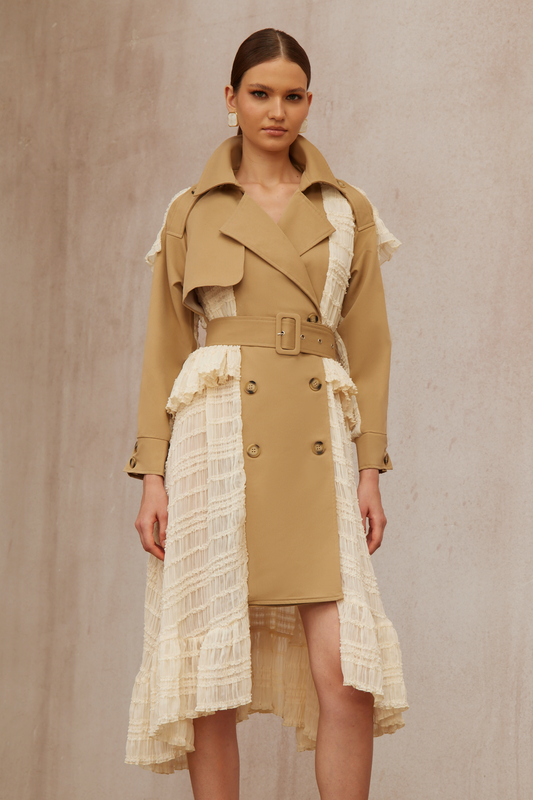 Sara Khaki Lace Panel Long Trench Coat