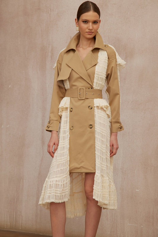 Sara Khaki Lace Panel Long Trench Coat