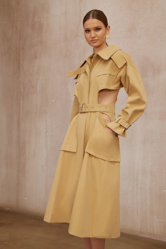 Pilar Neutral Cut Out Belted Long Trench Coat