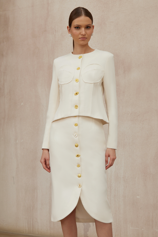 Léa White Decorative Button Jacket & Skirt Set